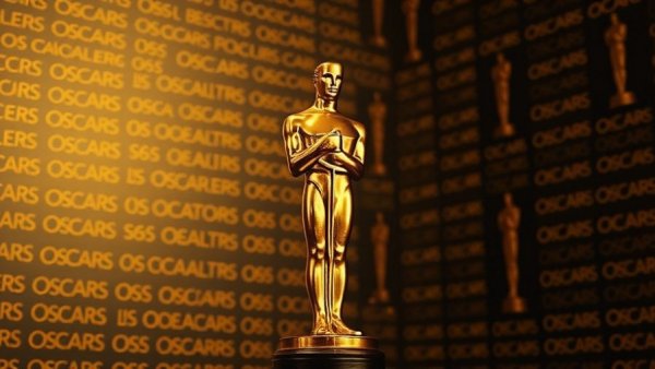 Golden Oscar statue with Oscars logo in background, Oscars AI Regulations.