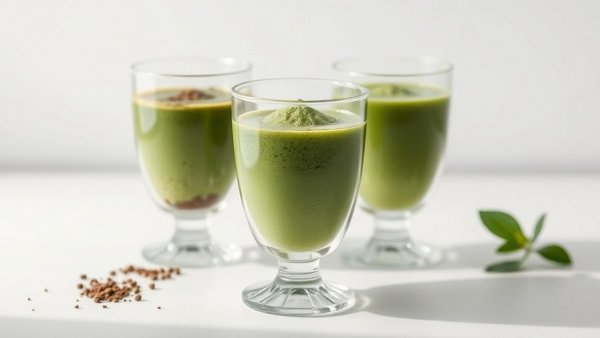 Iced matcha latte with coffee blend in elegant glasses.