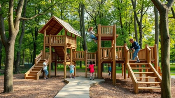 Wooden playground at Columbus Metro Park, surrounded by nature.