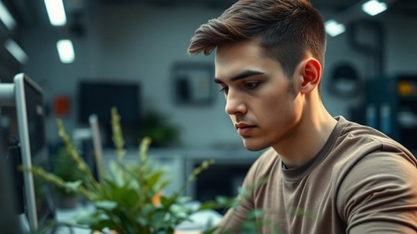 Energetic young man in AI-themed workspace, pounding herbs.