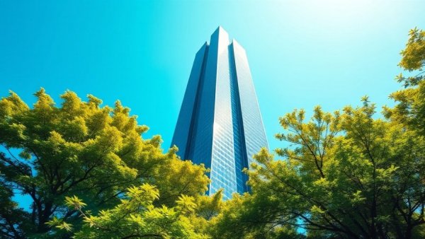 Modern skyscraper reflecting AEP capital plan, clear blue sky, green trees.