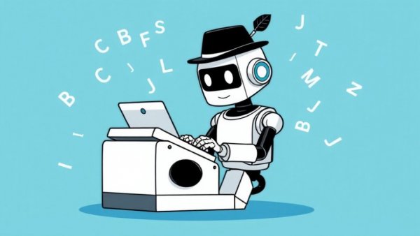Stylized robot typing at typewriter surrounded by letters.