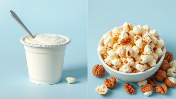 Collage of yogurt, popcorn, and walnuts as grab-and-go snacks for C3G/IC-MPGN.