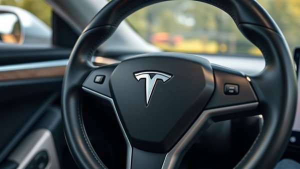 Tesla steering wheel close-up in European setting.