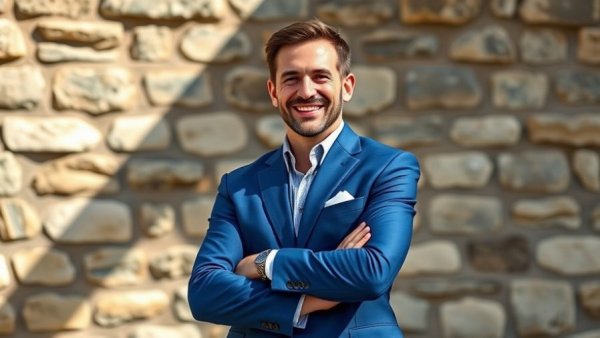 Confident man in blue suit smiling against stone wall.