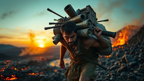 Man enduring struggle, symbolic of suffer now thrive later hard work, in fiery landscape.