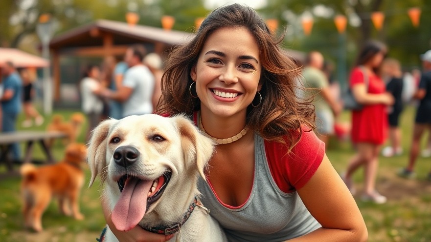 Smiling woman enjoying summer activities for dogs at a vibrant dog park.