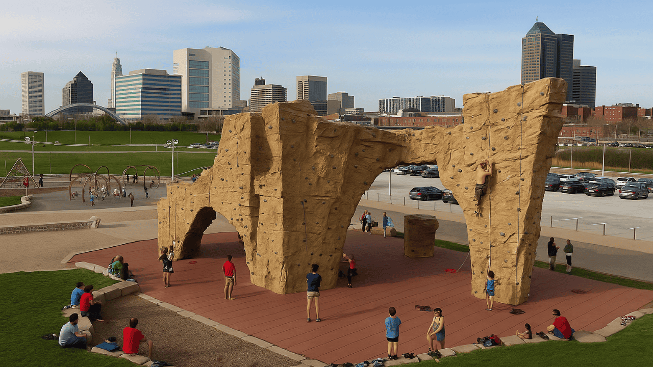 Free summer activities in Columbus, people rock climbing at urban park.
