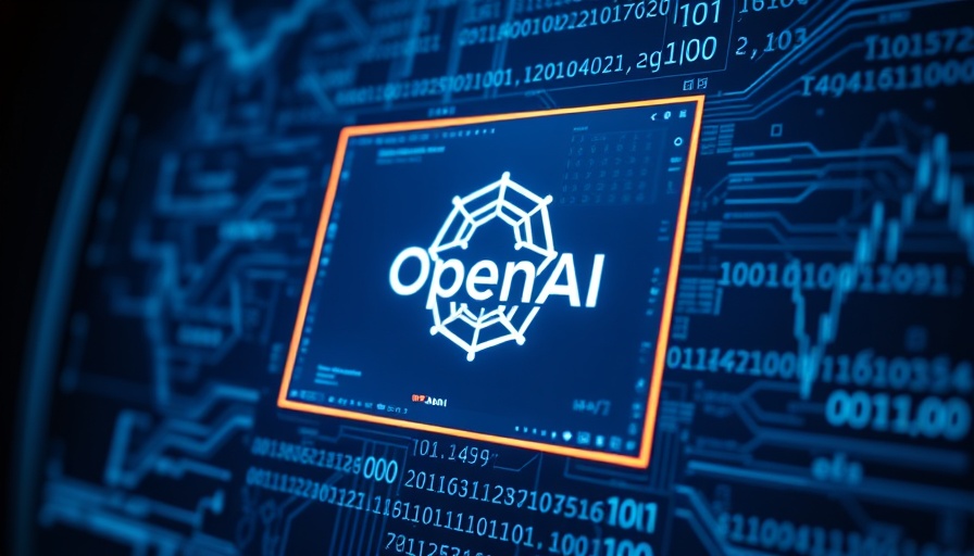 OpenAI logo with binary code background, deep blue digital theme.