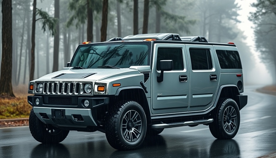 Electric Hummer on rainy forest road, showcasing modern design features.
