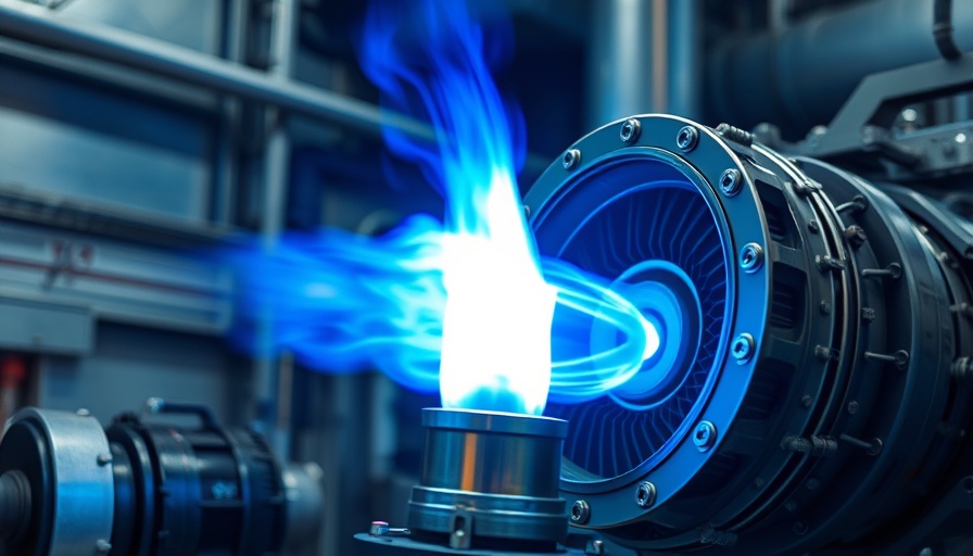 Vegetarian rocket engine with blue flame in industrial setting.