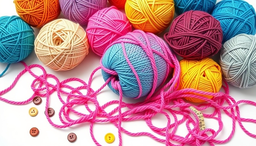 Colorful yarn and knitting setup for crafts and handmade goods.