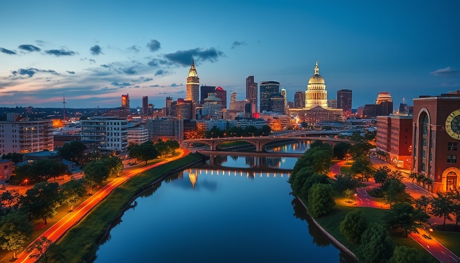 Beautiful Columbus skyline at dusk with illuminated bridges and parks