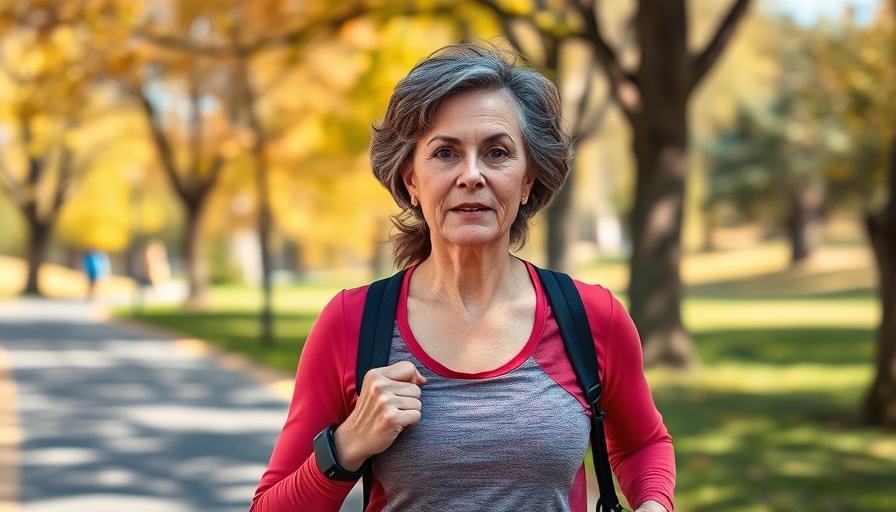 Middle-aged woman walking for health with fitness tracker in park.