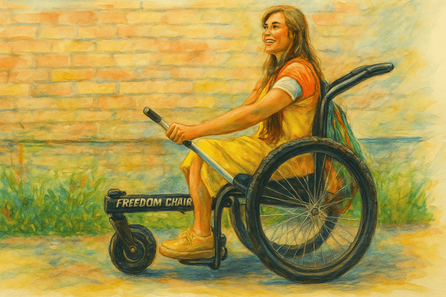 Woman enjoying all-terrain wheelchair, smiling.