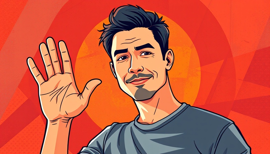 Artwork of a person waving against an abstract colorful backdrop, related to Merge Labs and Neuralink.