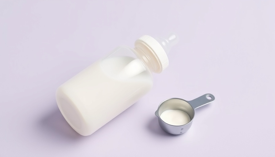 Free baby formula in bottle and scoop on purple background.