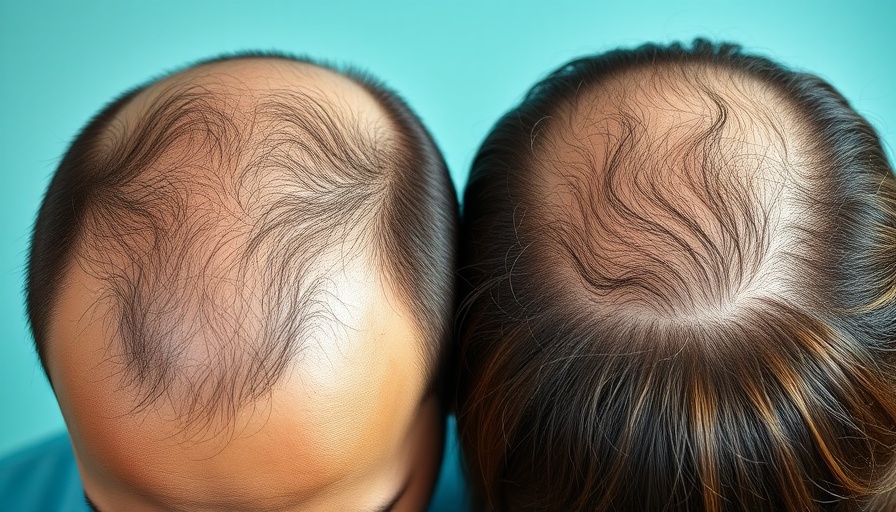 Close-up of male and female pattern baldness on textured teal background.