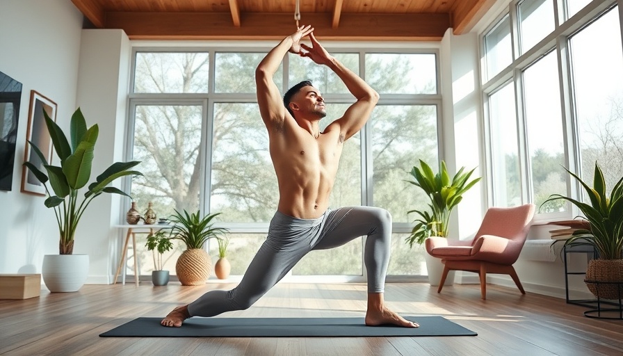 Athletic man practicing yoga at home living well with hemophilia B.