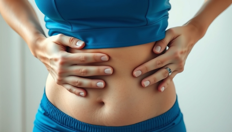 Person pinching abdomen in blue outfit, highlighting cortisol belly.