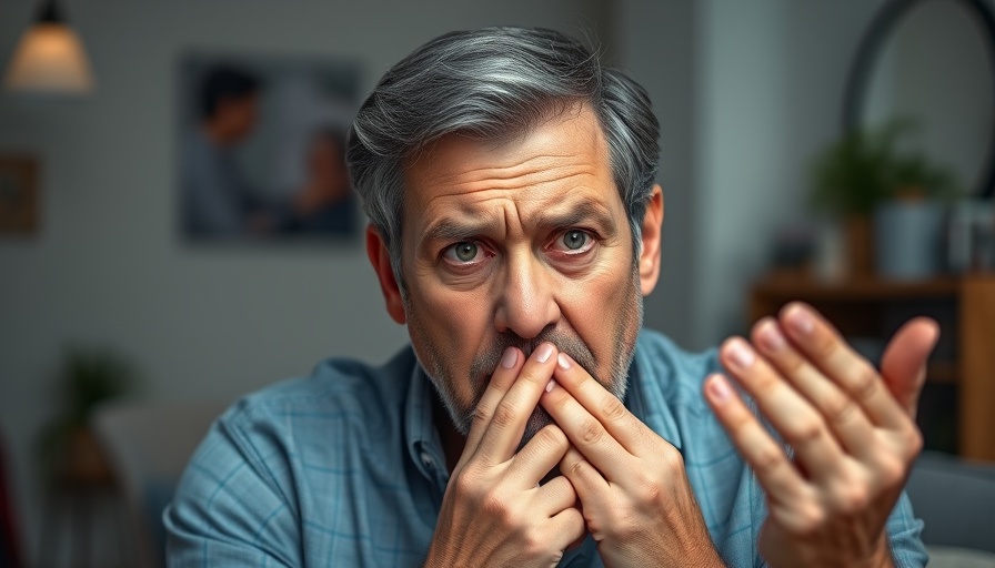 Worried man with financial FOMO in a thoughtful pose.