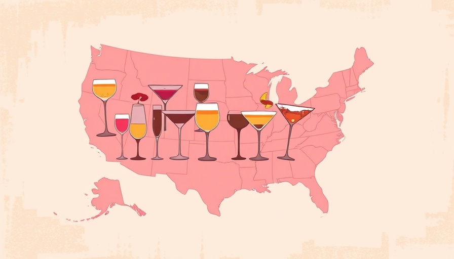 Abstract USA map with cocktail glasses to symbolize alcohol consumption reduction.