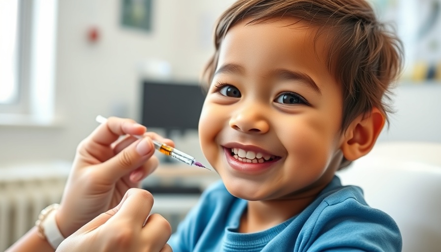 Smiling child receiving COVID vaccine, healthcare worker assisting, bright office.