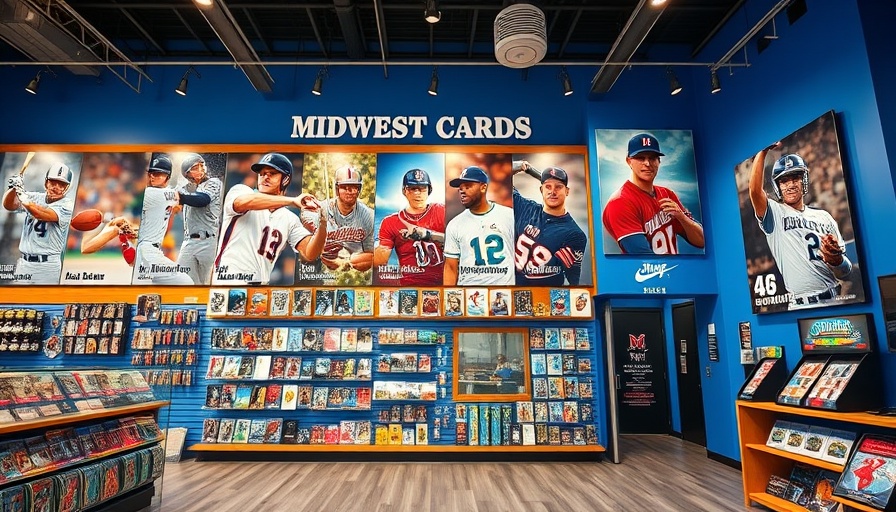 Midwest Cards store interior with a vibrant sports memorabilia wall.