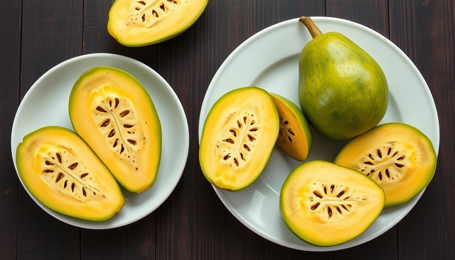 Ohio pawpaw fruit, whole and sliced on plates, wooden table.