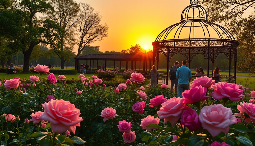 Columbus parks for professionals; serene rose garden at sunset with gazebo.