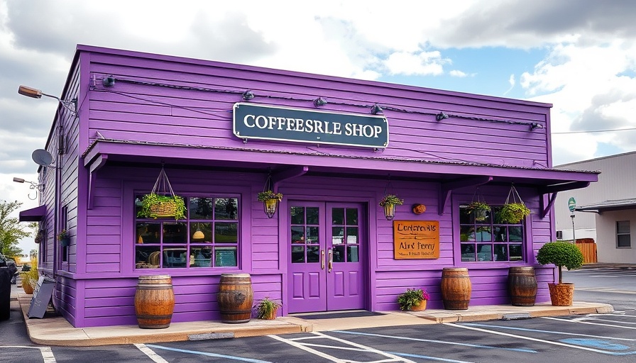 Columbus coffee shop and bar with purple exterior and potted plants.