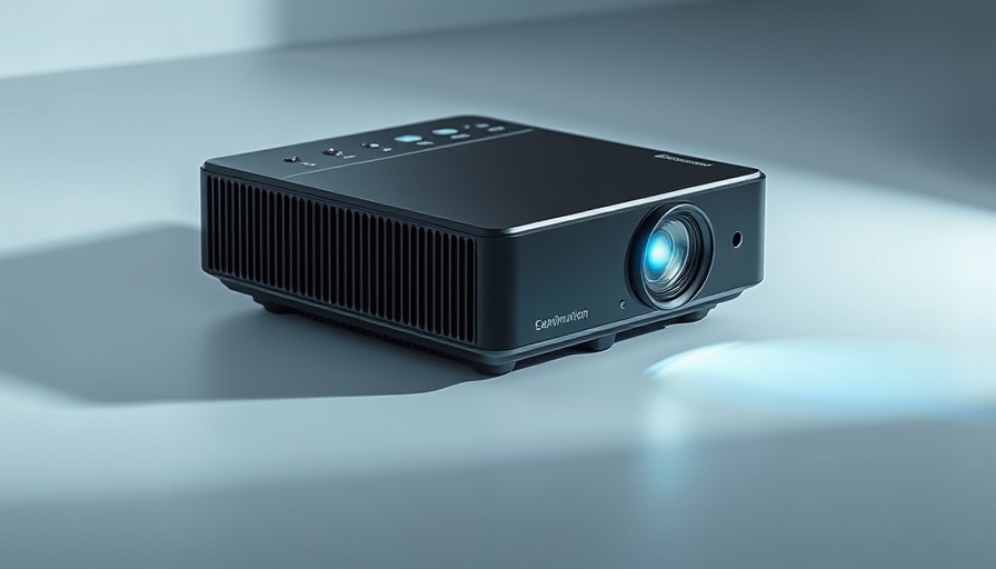 Sleek black portable projector Lumi Max on gradient background