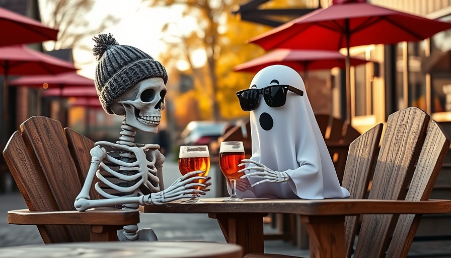 Playful skeleton and ghost enjoying drinks at a brewery.