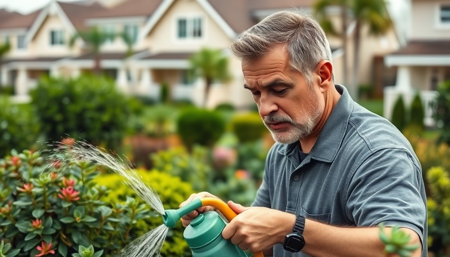 Middle-aged man watering garden in a suburban setting.