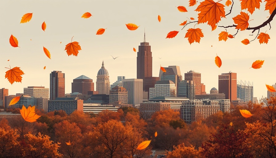 Columbus Ohio skyline with autumn leaves overlay in artistic design.