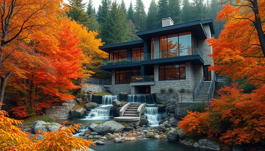 Modern architectural house enveloped in autumn foliage; magical fall getaways.