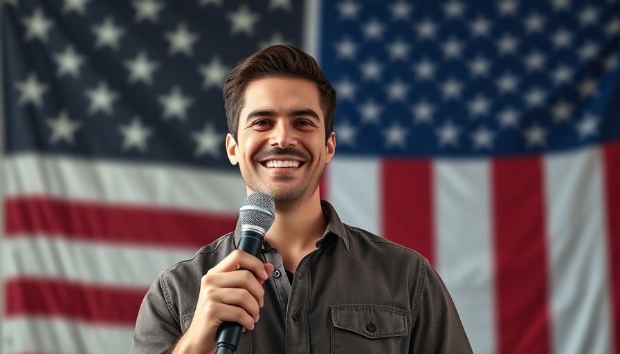 Smiling man in front of flag backdrop discussing $1 trillion pay package
