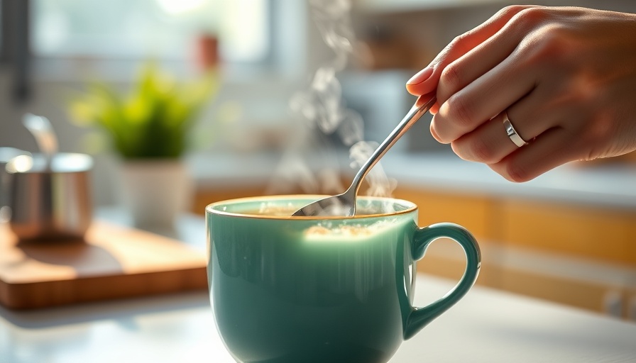 Steaming tea in a teal mug being stirred in a bright kitchen.