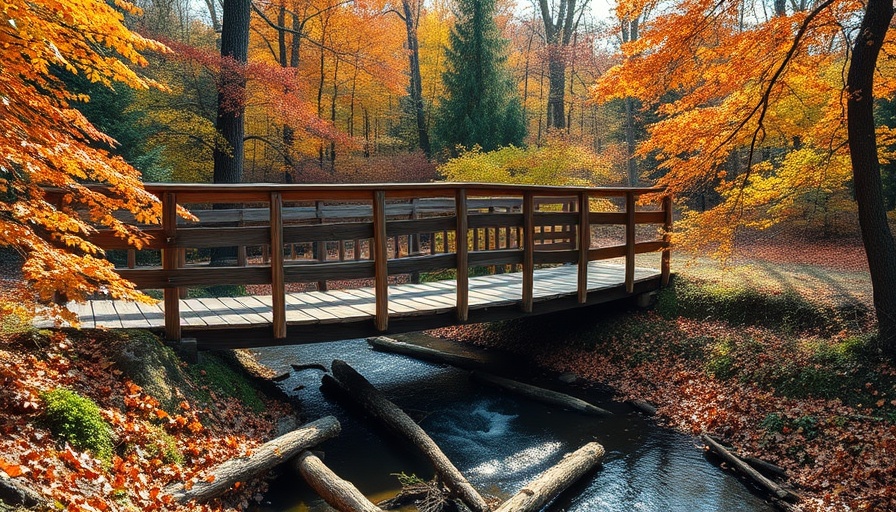 Scenic Hikes in Columbus Fall Foliage: Wooden bridge over autumn creek.