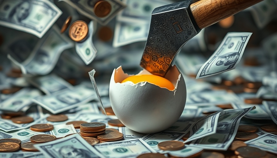 Surreal depiction with hammer breaking egg and flying money, suggesting Irrevocable Life Insurance Trust concept.