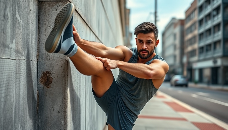 Athletic man demonstrating how to stretch the outside of the calf muscle against a wall.