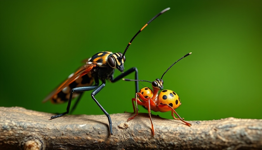 Close-up of adult and nymph spotted lanternflies on a branch in Ohio.