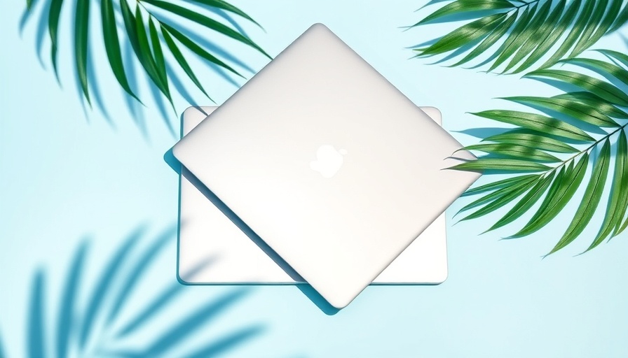Laptop on blue background with tropical leaf shadows representing Printify vs. Printful