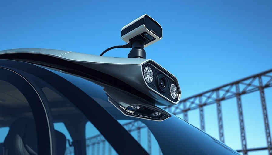 Advanced robotaxi in urban battlegrounds near bridge, clear sky.