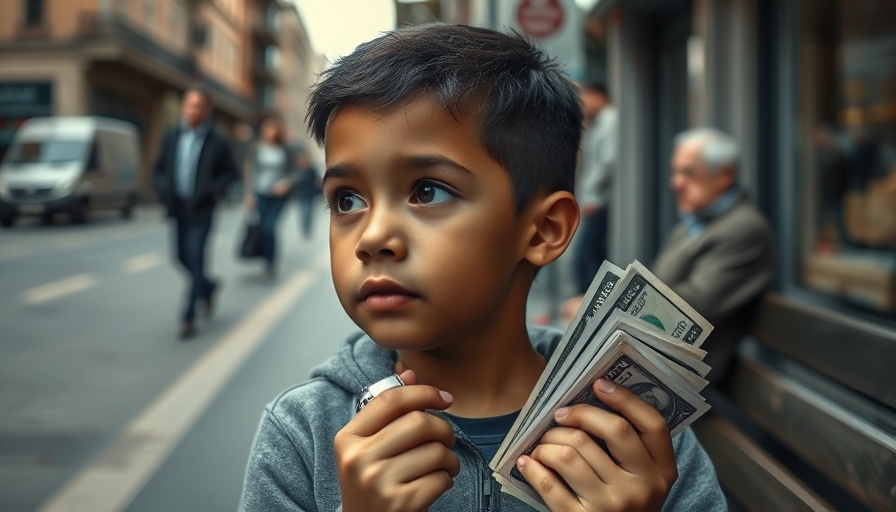 Young boy holding money considering donation on city street.