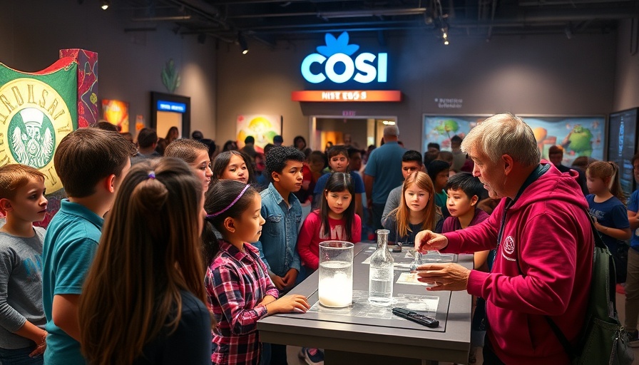 COSI Reopening: Children engaging with science educator in colorful space.