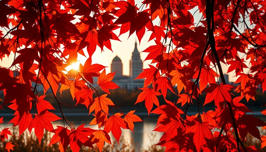 Columbus Ohio skyline with autumn leaves overlay.