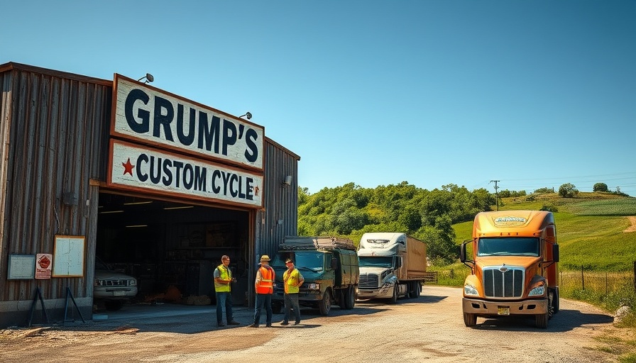 Grumpy's Coffee Garage in Obetz with trucks and workers on site.