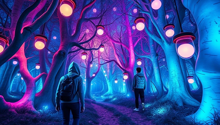 Whimsical fantasy forest at Stranger Things Day in Columbus with glowing lights.