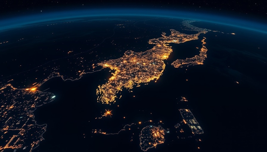 Night satellite view of South Korea with vibrant city lights.
